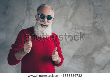 Portrait of crazy funny old man point yourself indicate funny person want celebrate x-mas party wear red trendy sweater isolated over grey color background