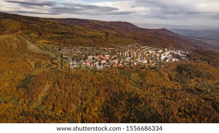 Autumn colorful forest aerial panorama with village and hills