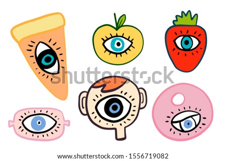 Big eyes set different forms hand drawn vector illustrations in cartoon comic style pizza apple strawberry sausage head donut