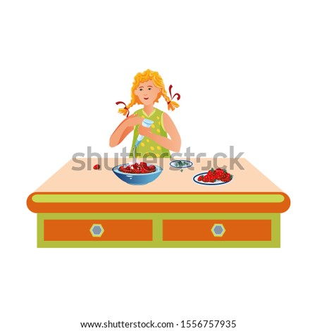 The cute little girl presses cream on a plate with strawberries. Vector illustration in flat cartoon style.