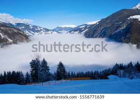 Photo of picturesque highlands with snow mountains, fir trees, blue sky and fog