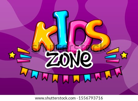 Kids zone. Colorful background. Children style font. Kids zone cartoon logo. Comics book halftone text. Font for Kids play room pop art. Comic text speech bubble colored background.