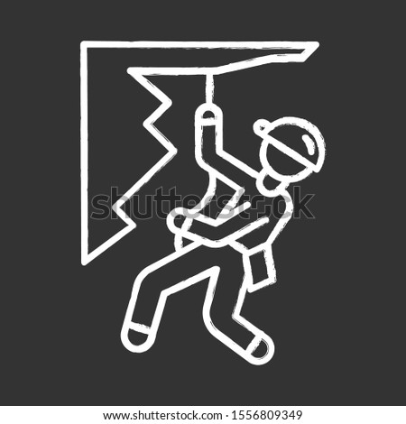 Mountain climbing chalk icon. Mountaineering. Abseiling, rappelling descend. Spelunking. Person descending off cliff face. Mountaineer sliding down rope. Isolated vector chalkboard illustration