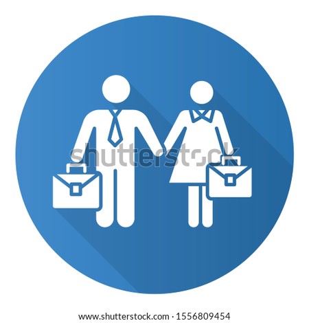 Employment gender equality blue flat design long shadow glyph icon. Woman and man equal work rights. Female and male career path. Business industry. Feminism, democracy. Vector silhouette illustration