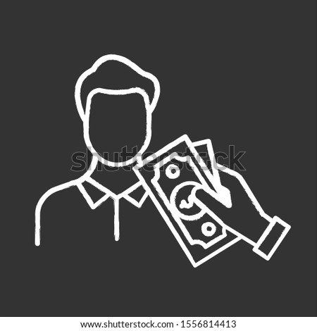 Borrowing cash chalk icon. Lending money. Pay for credit, loan. Man taking dollar banknotes. Managing finances and personal budget account. Economy industry. Isolated vector chalkboard illustration