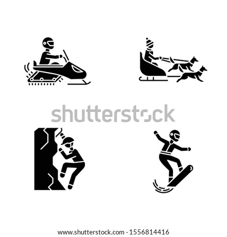 Extreme winter activity glyph icons set. Risky sport, adventure. Cold season outdoor leisure. Snowboarding, ice climbing, snowmobiling and dog sledding. Silhouette symbols. Vector illustration