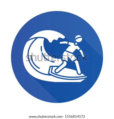 Surfing blue flat design long shadow glyph icon.Watersport, extreme kind of sport. Catching ocean wave, surfer balancing on board. Summer activity and hobby. Vector silhouette illustration