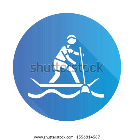Paddle surfing blue flat design long shadow glyph icon. Sup boarding watersport, extreme kind of sport. Recreational outdoor activity and hobby. Adventurous leisure. Vector silhouette illustration