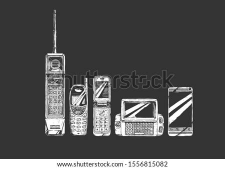 Mobile phone evolution set. illustration in ink hand drawn style. phone form factor: brick, bar phone,  flip, wide slider, touchscreen smartphone.