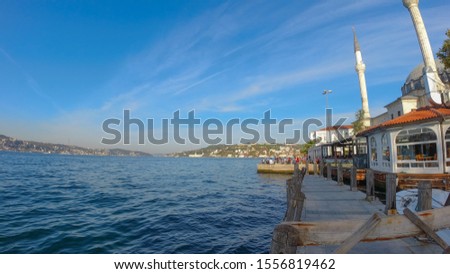 coastal line istanbul bosphorus sea beylerbeyi district neighborhood mosque and resturants old dock  port turkey ships boats houses luxury urban lifestyle cityscape view from asia side 