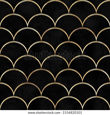 Mermaid fish scale wave japanese magic seamless pattern. Watercolor hand drawn black background with gold contour. Watercolour scale shaped texture. Print for textile, wallpaper, wrapping.