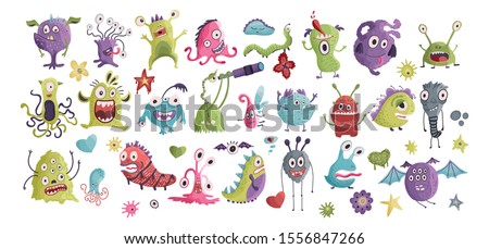 Huge vector cute funny monster clip art hand drawn collection. Colorful comic ugly character set.