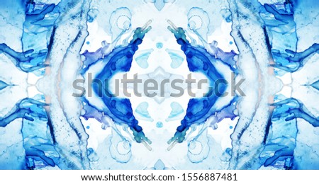 Background for Cards. Sea color and White color Spray. Ocean surf Liquid. Contrast Ink print. Aquamarine Blots Watercolor Print. Alcohol Ink Drops. Blue Abstract.