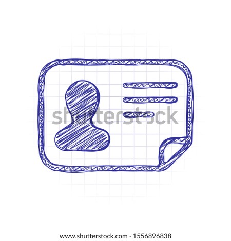 Identification card icon. ID profile. Hand drawn sketched picture with scribble fill. Blue ink. Doodle on white background