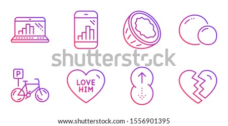 Peas, Bicycle parking and Love him line icons set. Coconut, Swipe up and Graph laptop signs. Graph phone, Break up symbols. Vegetarian seed, Bike park. Gradient peas icon. Vector