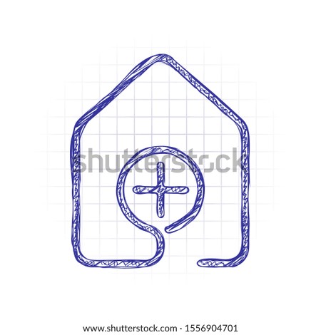 house with medical cross icon. line style. Hand drawn sketched picture with scribble fill. Blue ink. Doodle on white background