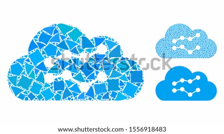 Cloud charts composition of tuberous items in different sizes and color hues, based on cloud charts icon. Vector inequal items are grouped into composition.