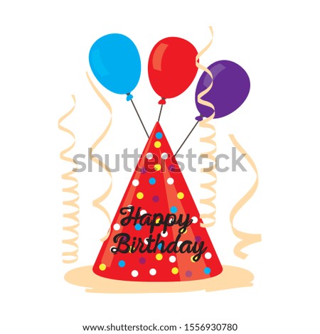 Happy birthday card with a party hat and balloons - Vector illustration