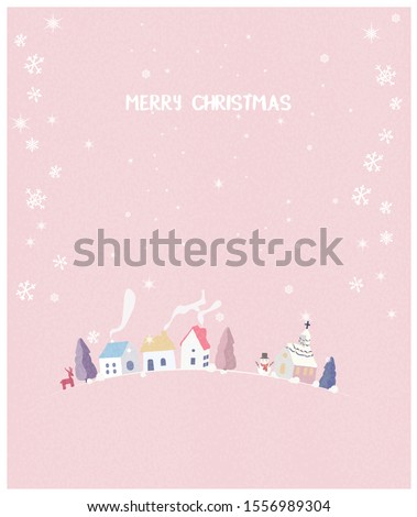 Vector illustration of a Christmas winter landscape postcard.Retro pastel pink color tone.Wonderland colorful village with  hut ,snowman and deer.Minimal winter concept with noise and grainy. Royalty-Free Stock Photo #1556989304