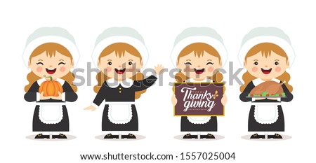 Set of cartoon cute pilgrim girl with pumpkin, roasted turkey & thanksgiving sign isolated on white background. Thanksgiving celebration character in flat vector illustration.