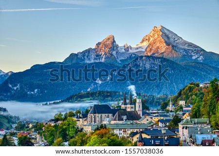 Mount Watzmann and the city of Berchtesgaden in the Bavarian Alps Royalty-Free Stock Photo #1557038036