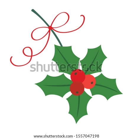 Christmas holly berries with ribbon isolated on white background 
