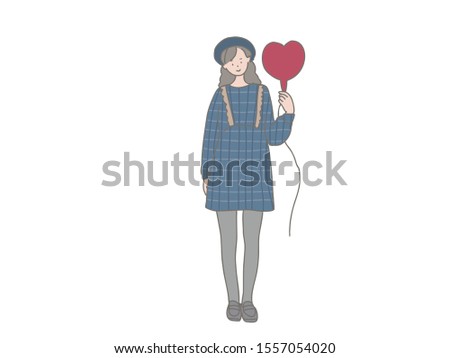 This is an illustration of a lovely girl with a heart balloon and a lovely Valentine's Day motif.