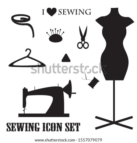 dressmaker vector. tailor sewing icon set,tattoo,symbol,sewing machine, pincushion,scissors,tape measure,triangle tailor chalk,thread,hand needle,cloth hanger,mannequin,model stand.I love sewing text.