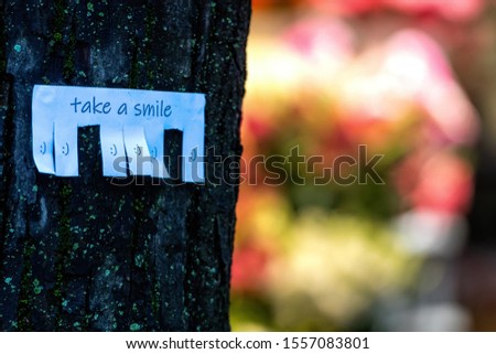 tree trunk with paper with the phrase: Take A Smile and with a smile symbol sign ready to be tore off, defocused bokeh background - image