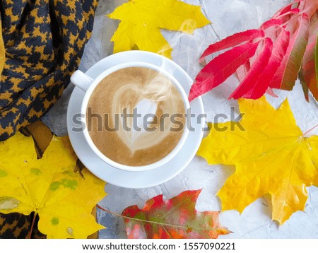 cup of coffee autumn leaves on concrete background
