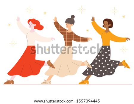 Three girls of different races are dancing the same. hand drawn style vector design illustrations. 