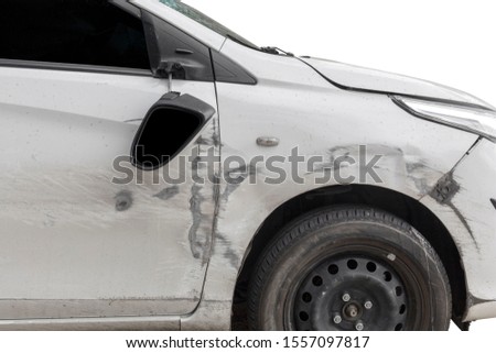 Close up car accident or crash car door and rearview mirror  broken. Isolated on white background. Save with clipping path.