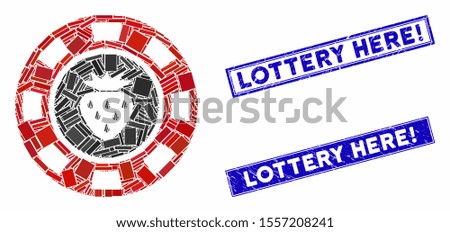 Mosaic strawberry casino chip icon and rectangle rubber prints. Flat vector strawberry casino chip mosaic icon of scattered rotated rectangle items. Blue caption rubber seals with distress surface.