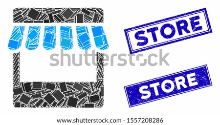 Mosaic store icon and rectangle seals. Flat vector store mosaic pictogram of scattered rotated rectangle elements. Blue caption rubber seals with distress surface.
