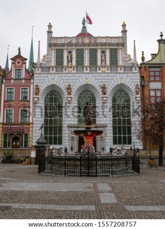 Artus Court with Neptune fountain at the Long Market of Gdansk in Poland. 