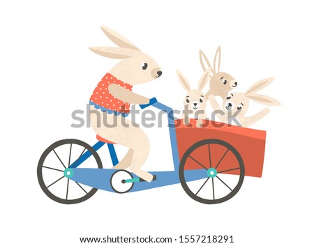 Rabbit mom with kids riding bicycle flat vector illustration. Cute animals family cartoon characters. Adorable mother bunny on bike with little children in basket. Funny childish t shirt print.