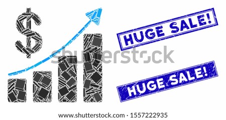 Mosaic sales growth icon and rectangular watermarks. Flat vector sales growth mosaic icon of random rotated rectangle items. Blue caption watermarks with distress surface.