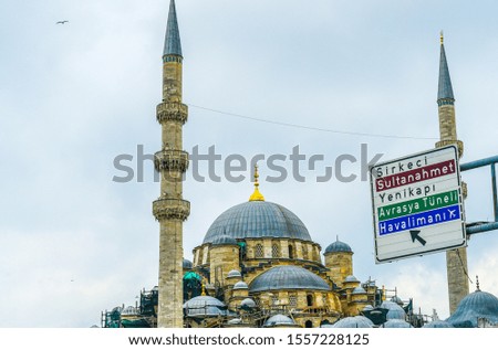 Road signboard with beautiful Turkish mosque background. Travel Istanbul background.