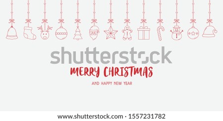 Christmas background with hanging icons and greetings. Festive decoration. Vector