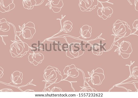 Floral seamless pattern with cotton blossom flowers, endless texture, ink sketch art. Vector illustration for wedding invitations, wallpaper, textile, wrapping paper
