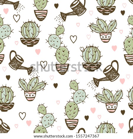 Seamless pattern with cactus in pots and watering pot for irrigation. Vector.