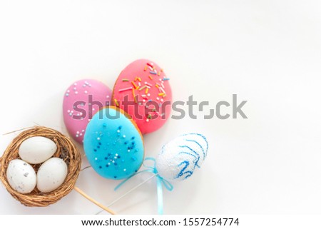 Easter gingerbreads on white background. Easter sweets fo celebrate. 