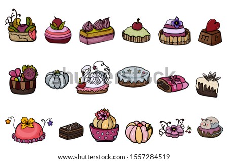 A collection or set of cakes Mousse, Chocolate, Biscuit, Japanese traditional sweets made from rice or sweet beans. Pastries for Birthday, Christmas, Baby Shower. - Vector. Vector illustration