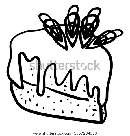 Portion piece of cake with chocolate decoration. Coloring page adult and kids. Cake from the Cafeteria. Sweet pastries for Birthday, Christmas, New Year, Baby Shower. - Vector. Vector illustration