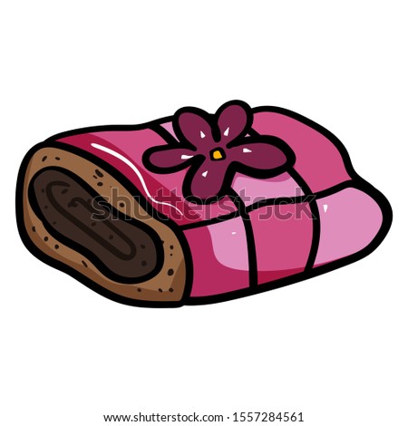 Cake roll with icing. Marzipan flower. Cake from the Confectionery, Cafeteria. Sweet pastries for Birthday, Christmas, New Year, Baby Shower. - Vector. Vector illustration
