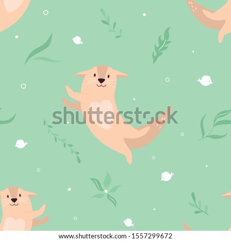 Seamless pattern with adorable cute dancing otters. For textile, greeting cards, t-shirts, wallpapers