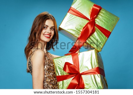 Cheerful woman gifts party holiday scenery model