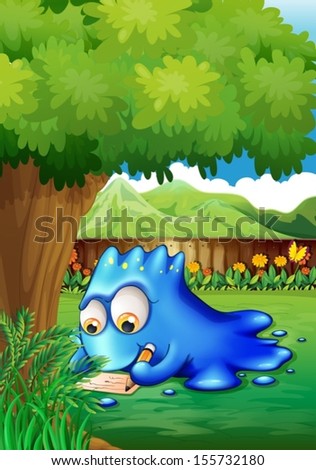 Illustration of a yard with a blue monster writing