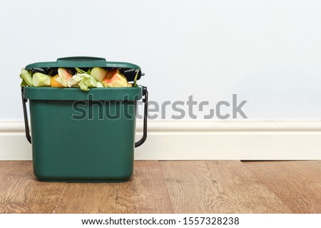 Food waste from domestic kitchen Responsible disposal of household food wastage in an environnmentally friendly way by recycling in compost bin at home Royalty-Free Stock Photo #1557328238
