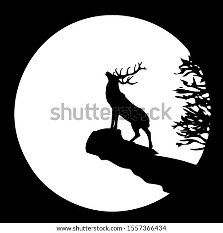 Silhouette of a deer on top of a mountain, head raised up, at sunrise or sunset, vector